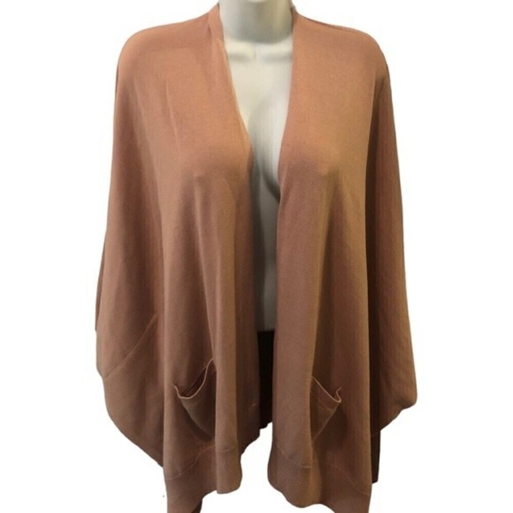 MarlaWynne Open Cardigan M Tan Taupe Pockets Casual Cotton Blend Lightweight